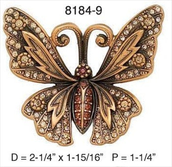Edgar Berebi 8184/9: 2-1/4 Flora & Fauna Butterfly Cabinet Knob - Swarovski Crystal/Museum Gold Plate