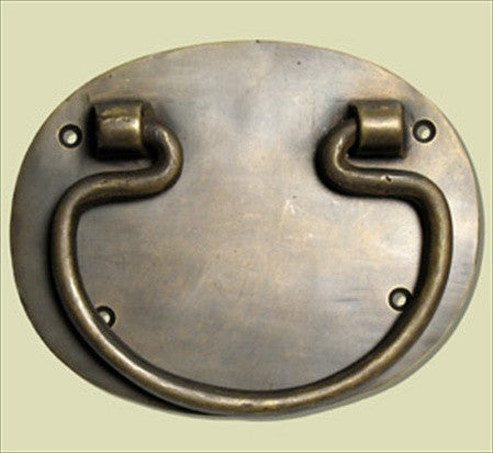 Handcrafted Hardware HBA2020: 4-7/8" Bail Pull w/Oval Backplate - Unlacquered Antique Brass