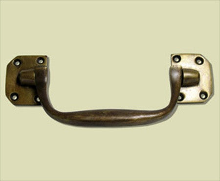 Handcrafted Hardware HBA7024: 6-1/4" Bail Pull w/Trapezoid Rosettes - Unlacquered Antique Brass