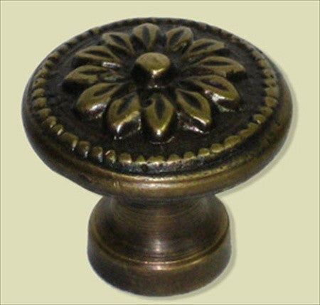 Handcrafted Hardware HKN6014: 1" Round Brass Floral Knob - Unlacquered Antique Brass