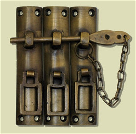 Handcrafted Hardware HLA7014: 3-1/2" 3 Piece Latch w/Chain Lock - Unlacquered Antique Brass