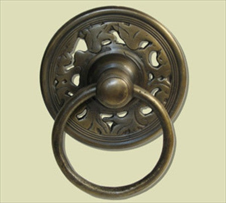 Handcrafted Hardware HRP1014: 3-1/4" Ring Pull w/Filgree Backplate - Unlacquered Antique Brass