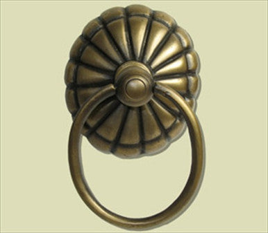 Handcrafted Hardware HRP2012: 3-1/8" Ring Pull w/Melon Backplate - Unlacquered Antique Brass