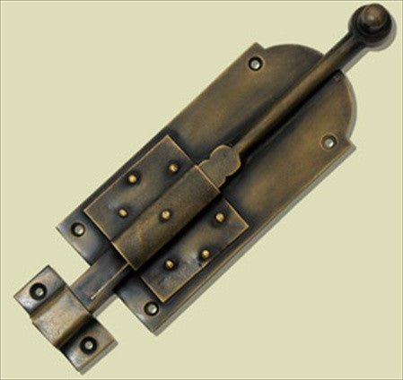 Handcrafted Hardware HSB7020: 7-5/8" Surface Bolt w/Latch - Unlacquered Antique Brass