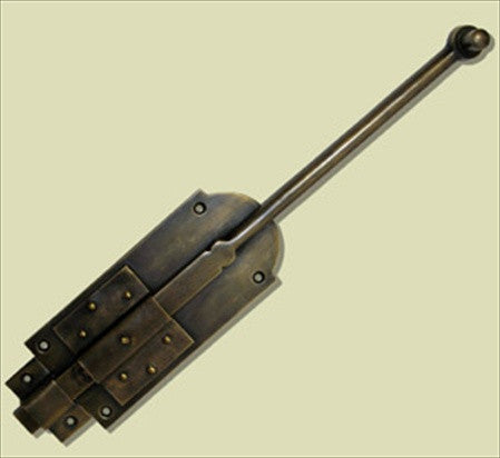 Handcrafted Hardware HSB7022: 11-1/2" Surface Bolt w/Long Latch - Unlacquered Antique Brass