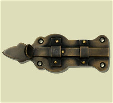 Handcrafted Hardware HSB7030: 5" Ornate Surface Bolt - Unlacquered Antique Brass