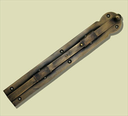 Handcrafted Hardware HSB7040: 9-3/4" Surface Bolt w/Medium Shaft - Unlacquered Antique Brass
