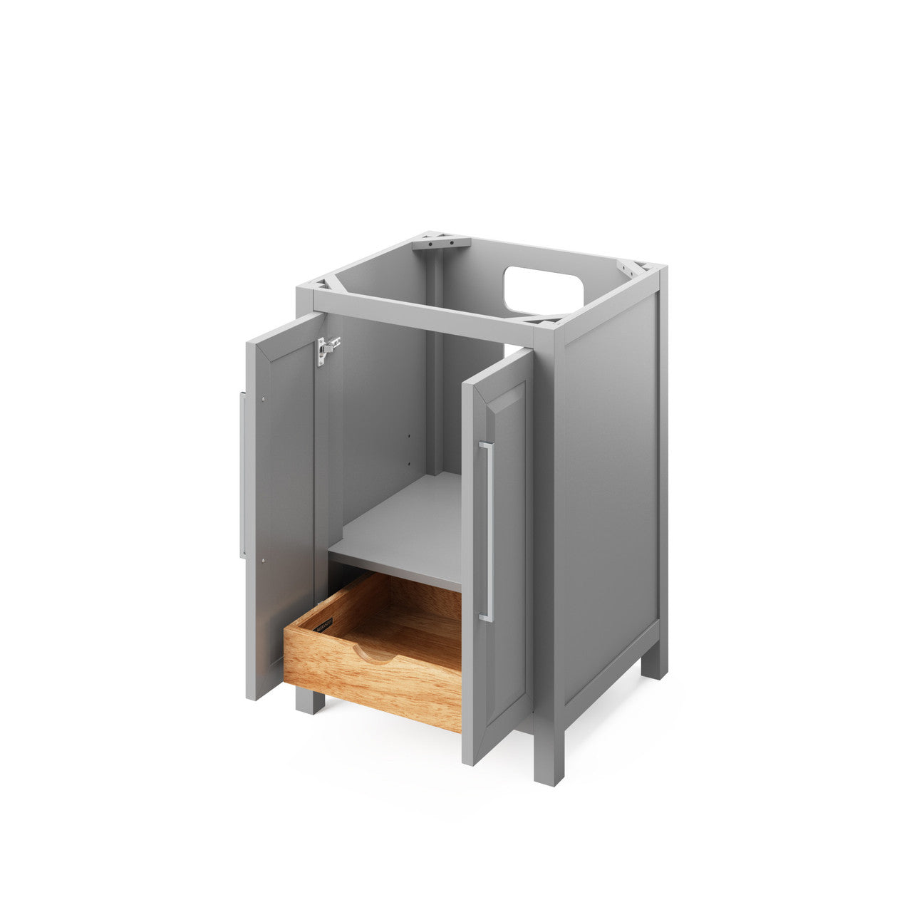 Cabinet showing open doors and/or drawers.
