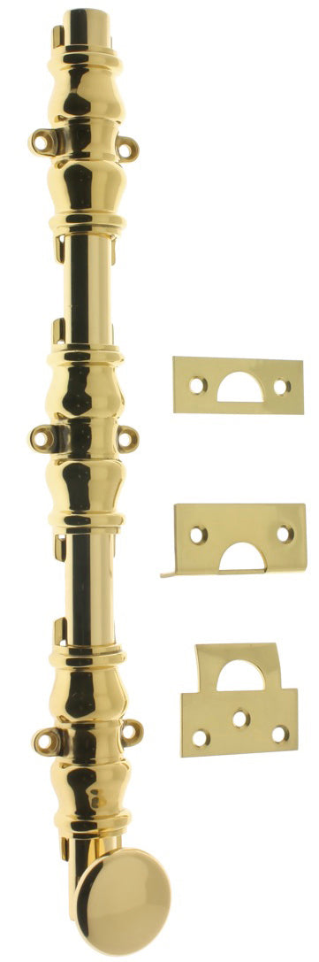 IDH Brass 11232-003: 36" Round Knob Ornamental Surface Bolt w/3" Barrel Guide - Polished Brass