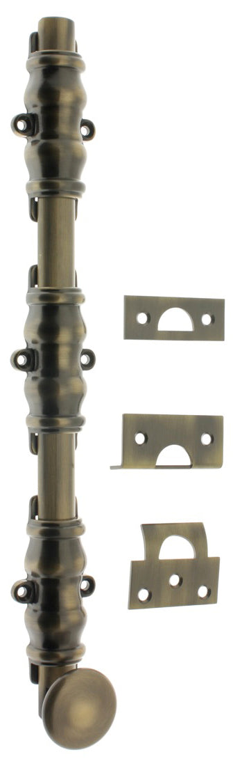 IDH Brass 11232-005: 36" Round Knob Ornamental Surface Bolt w/3" Barrel Guide - Antique Brass