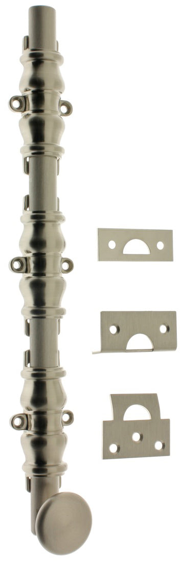 IDH Brass 11232-015: 36" Round Knob Ornamental Surface Bolt w/3" Barrel Guide - Satin Nickel