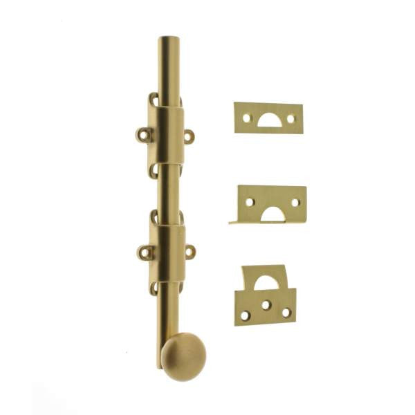 IDH Brass 11272-004: 8" Solid Brass Surface Bolt w/Round Knob - Satin Brass