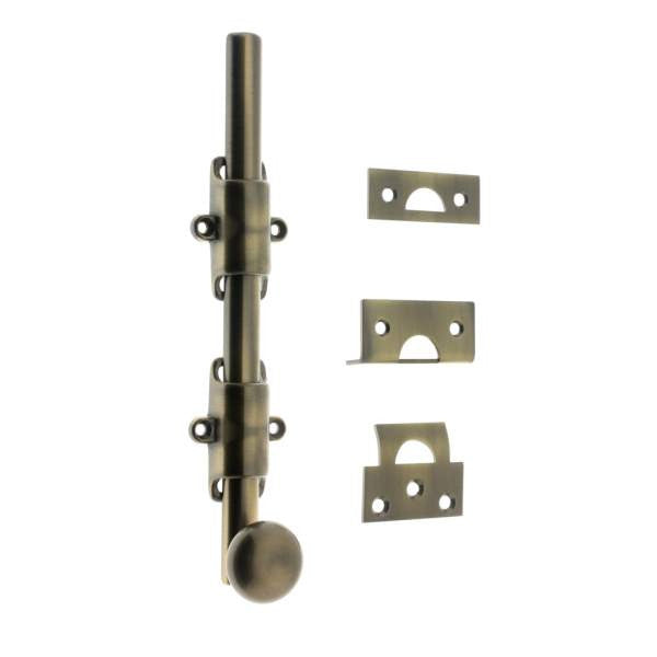 IDH Brass 11272-005: 8" Solid Brass Surface Bolt w/Round Knob - Antique Brass