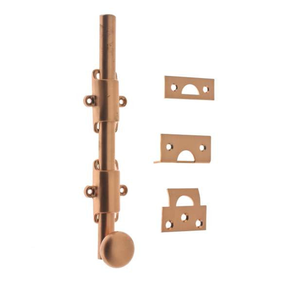 IDH Brass 11272-008: 8" Solid Brass Surface Bolt w/Round Knob - Bright Copper