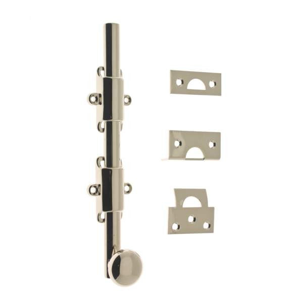 IDH Brass 11272-014: 8" Solid Brass Surface Bolt w/Round Knob - Bright Nickel