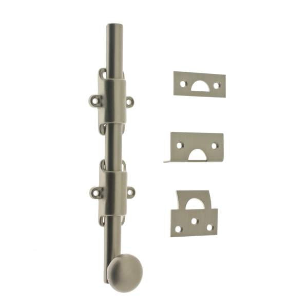 IDH Brass 11272-015: 8" Solid Brass Surface Bolt w/Round Knob - Satin Nickel