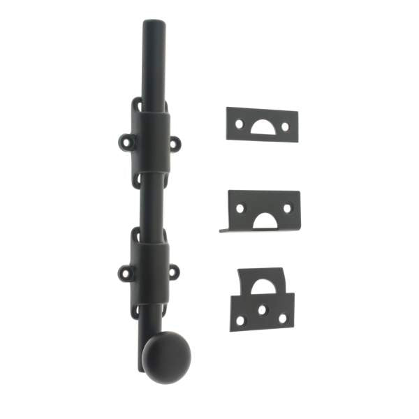 IDH Brass 11272-019: 8" Solid Brass Surface Bolt w/Round Knob - Matte Black