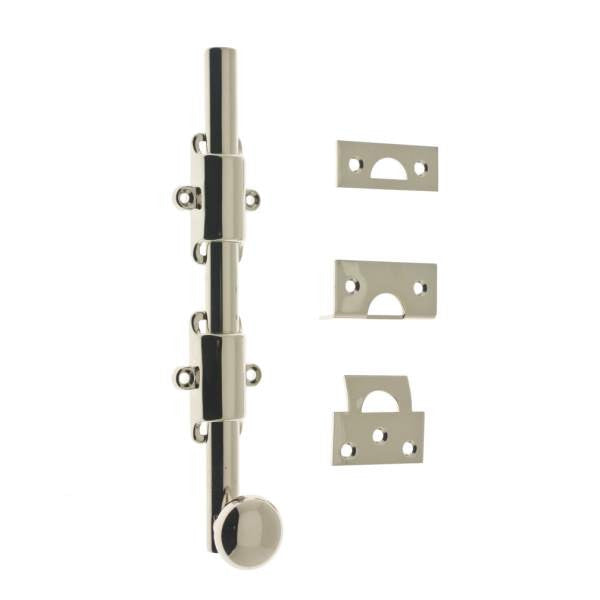 IDH Brass 11272-026: 8" Brass Surface Bolt w/Round Knob - Polished Chrome