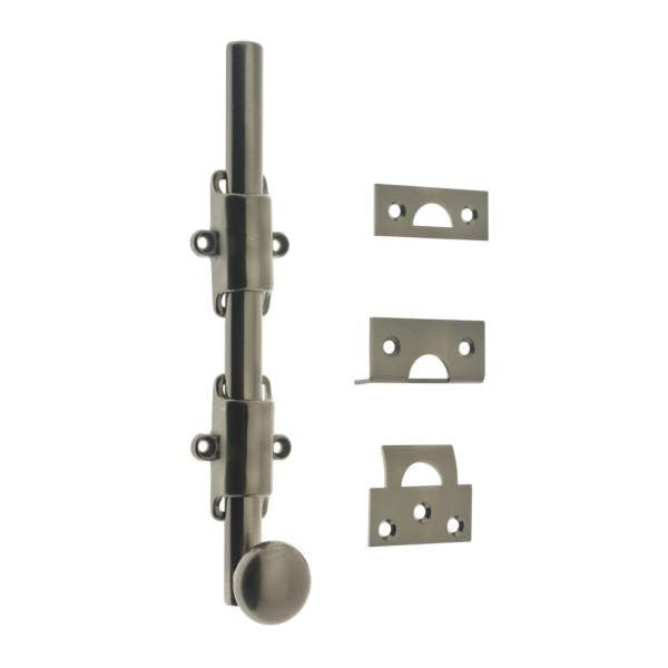 IDH Brass 11272-15A: 8" Solid Brass Surface Bolt w/Round Knob - Antique Nickel