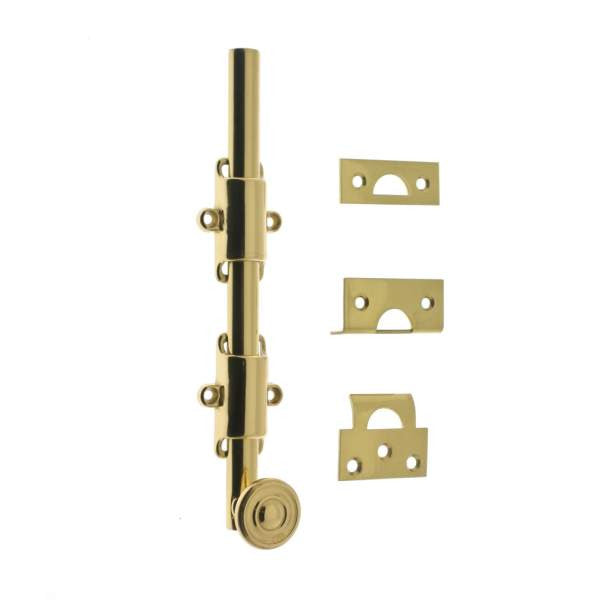 IDH Brass 11272S-003: 8" Solid Brass Surface Bolt w/Swirl Knob - Polished Brass