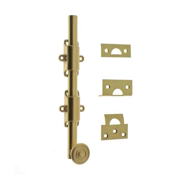 IDH Brass 11272S-004: 8" Solid Brass Surface Bolt w/Swirl Knob - Satin Brass