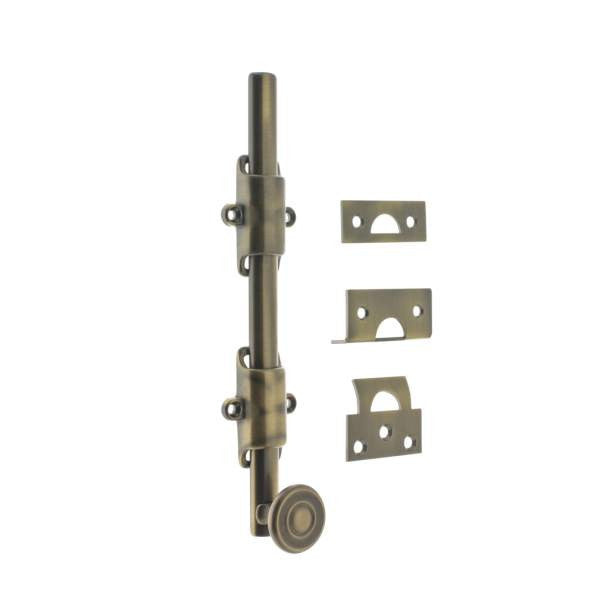 IDH Brass 11272S-005: 8" Solid Brass Surface Bolt w/Swirl Knob - Antique Brass