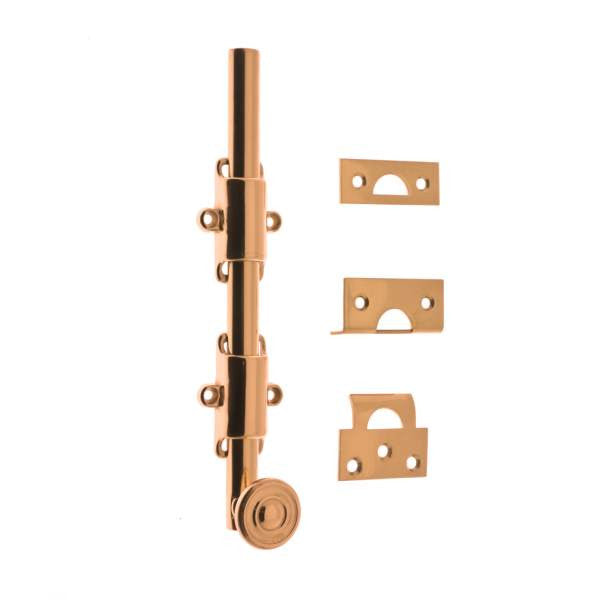 IDH Brass 11272S-008: 8" Solid Brass Surface Bolt w/Swirl Knob - Bright Copper