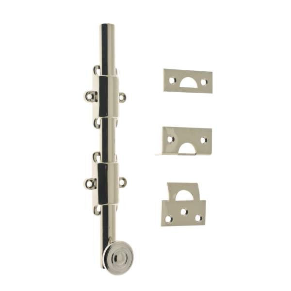 IDH Brass 11272S-014: 8" Solid Brass Surface Bolt w/Swirl Knob - Bright Nickel