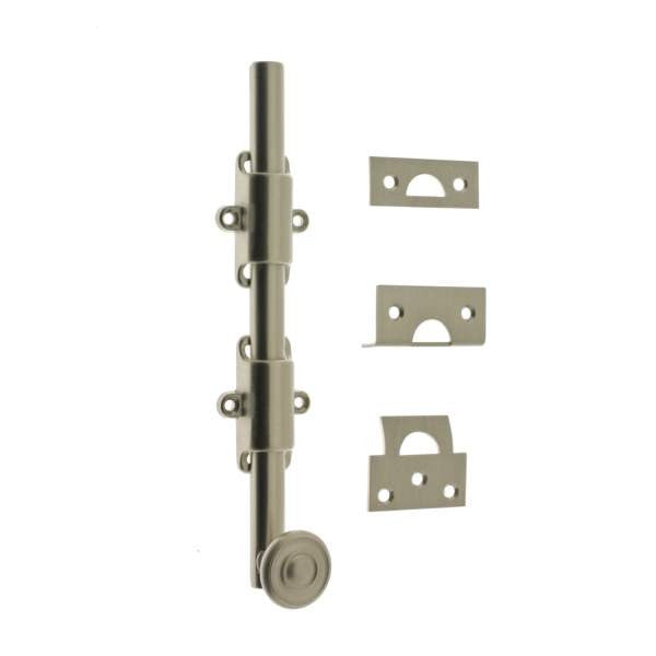 IDH Brass 11272S-015: 8" Solid Brass Surface Bolt w/Swirl Knob - Satin Nickel