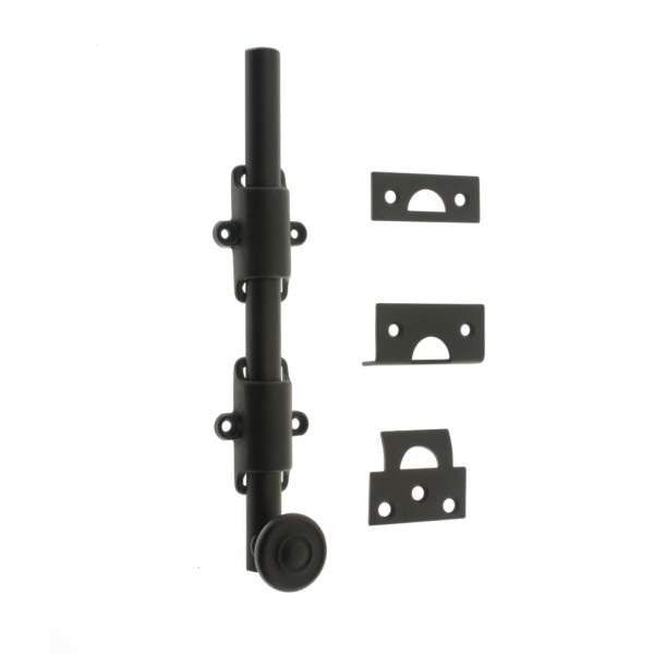IDH Brass 11272S-019: 8" Solid Brass Surface Bolt w/Swirl Knob - Matte Black