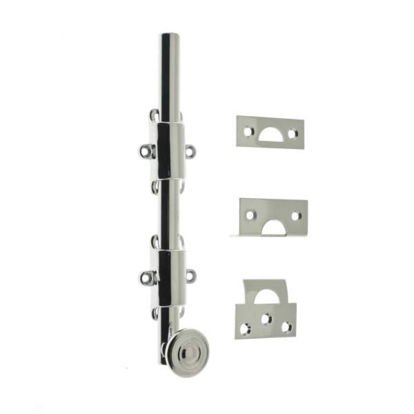 IDH Brass 11272S-026: 8" Solid Brass Surface Bolt w/Swirl Knob - Polished Chrome