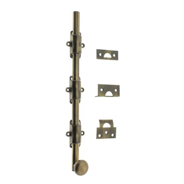 IDH Brass 11278-005: 12" Solid Brass Surface Bolt w/Round Knob - Antique Brass