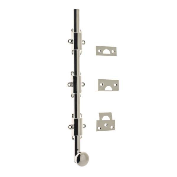 IDH Brass 11278-014: 12" Solid Brass Surface Bolt w/Round Knob - Bright Nickel