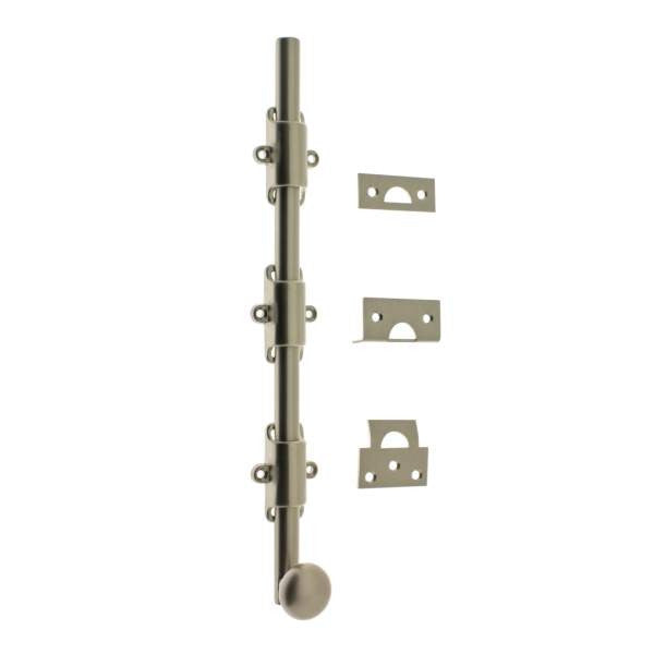 IDH Brass 11278-015: 12" Solid Brass Surface Bolt w/Round Knob - Satin Nickel