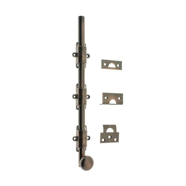 IDH Brass 11280-08A: 18" Solid Brass Surface Bolt w/Round Knob - Antique Copper