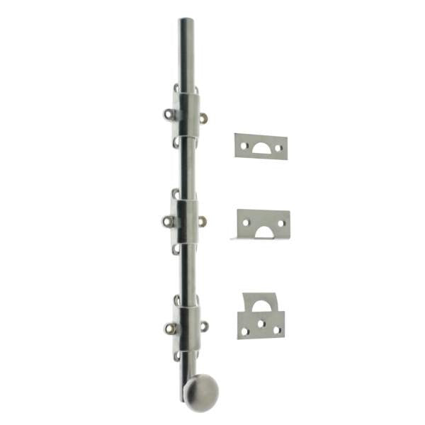 IDH Brass 11280-26D: 18" Solid Brass Surface Bolt w/Round Knob - Satin Chrome