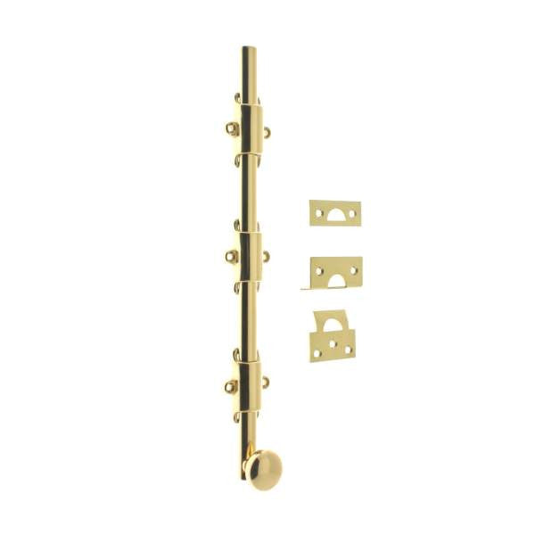 IDH Brass 11280-3NL: 18" Surface Bolt w/Round Knob - Unlacquered Polished Brass