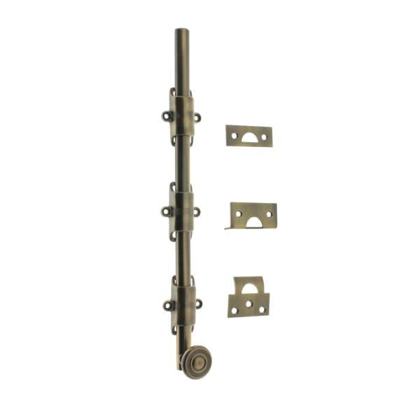 IDH Brass 11280S-005: 18" Solid Brass Surface Bolt w/Swirl Knob - Antique Brass
