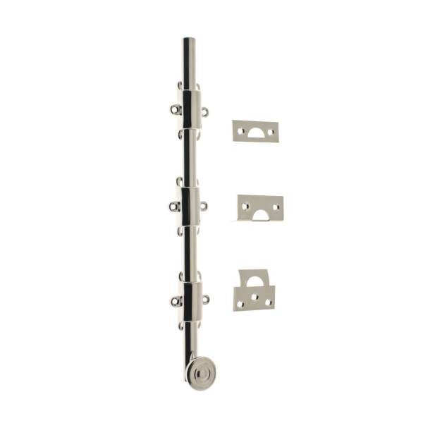 IDH Brass 11280S-014: 18" Solid Brass Surface Bolt w/Swirl Knob - Bright Nickel
