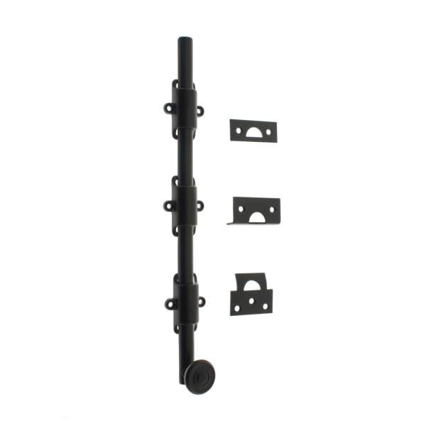 IDH Brass 11280S-019: 18" Solid Brass Surface Bolt w/Swirl Knob - Matte Black