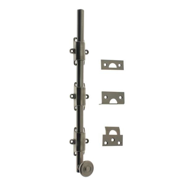 IDH Brass 11280S-15A: 18" Solid Brass Surface Bolt w/Swirl Knob - Antique Nickel