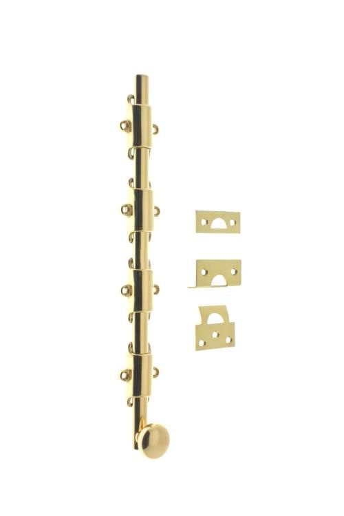 IDH Brass 11282-3NL: 24" Surface Bolt w/Round Knob - Unlacquered Polished Brass