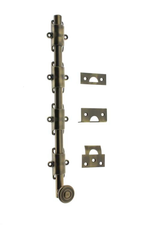 IDH Brass 11282S-005: 24" Heavy Duty Surface Bolt w/Swirl Knob - Antique Brass