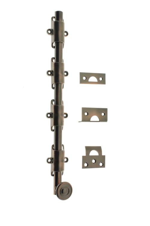 IDH Brass 11282S-08A: 24" Heavy Duty Surface Bolt w/Swirl Knob - Antique Copper