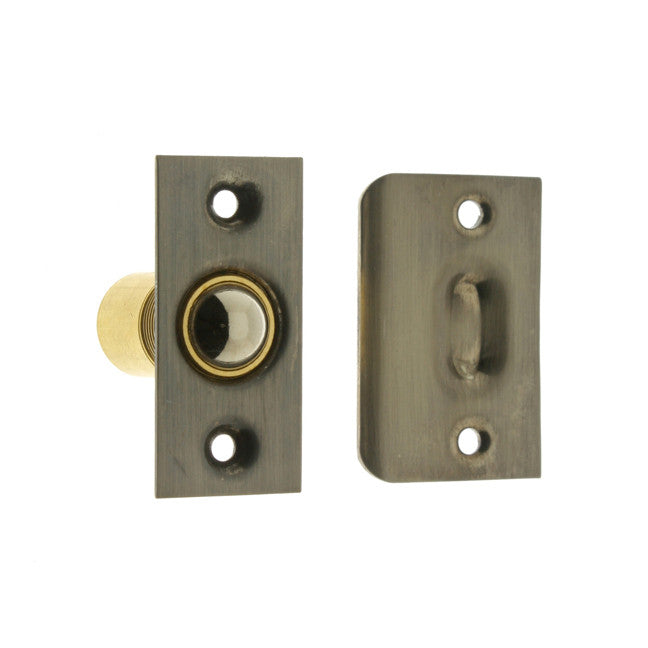 IDH Brass 12011-15A: 2-1/8" Wide Square Roller Ball Catch - Antique Nickel