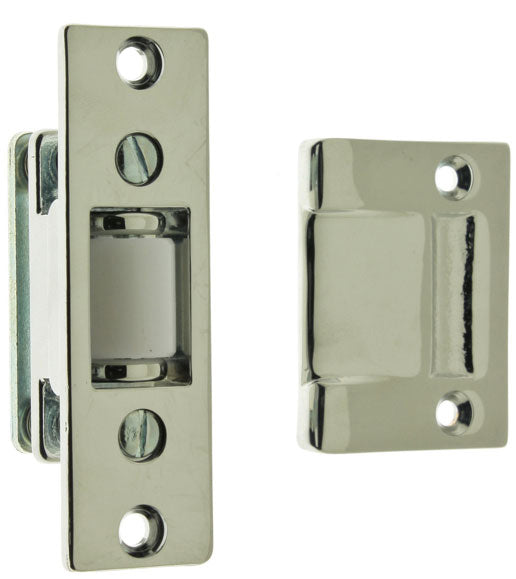 IDH Brass 12017-014: Heavy Duty Silent Roller Ball Catch w/Rectangular Strike Plate - Bright Nickel