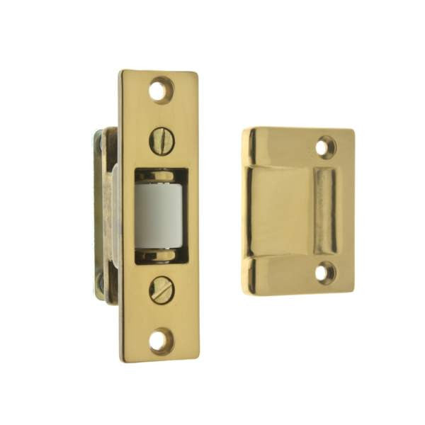 IDH Brass 12017-3NL: 3-3/8" Roller Latch w/Strike - Unlacquered Polished Brass