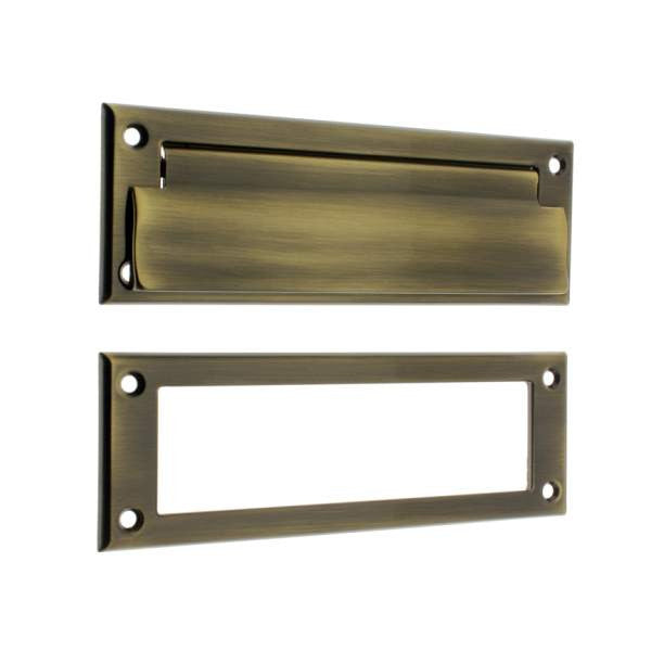 IDH Brass 22110-005: 8-3/4" Letter Mail Slot w/Open Back Plate - Antique Brass