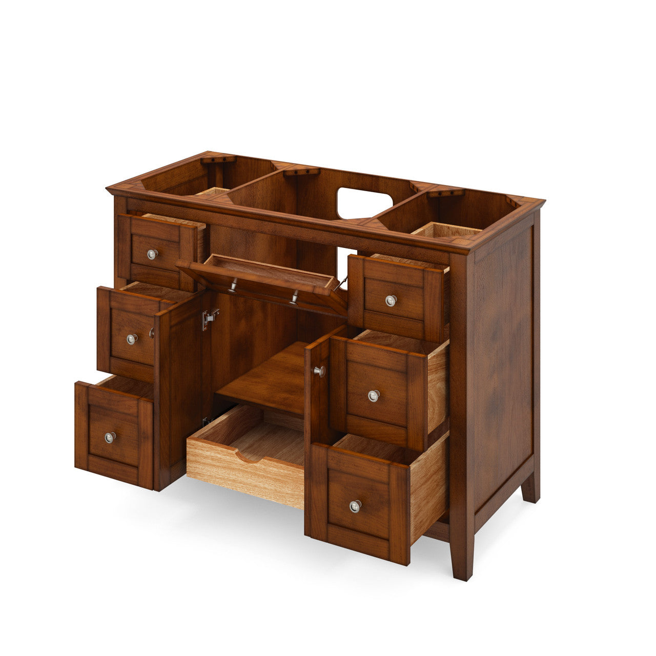 Cabinet showing open doors and/or drawers.