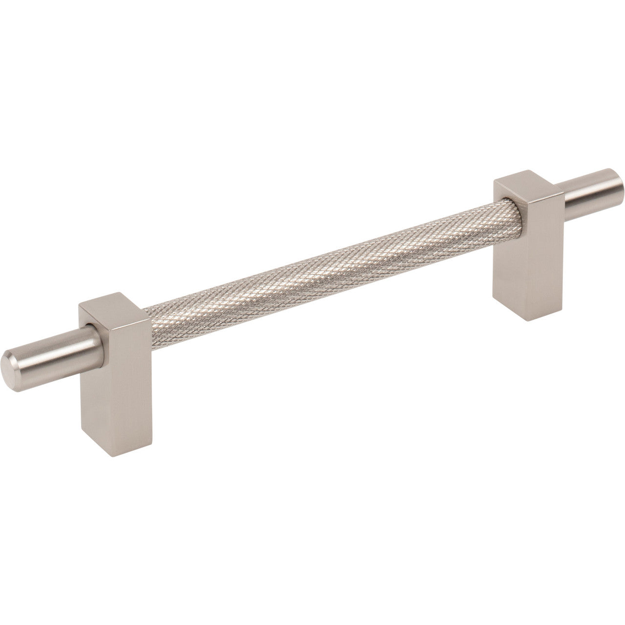 Jeffrey Alexander 598-128SN: 128mm cc Larkin Knurled Center Bar Cabinet Pull - Satin Nickel